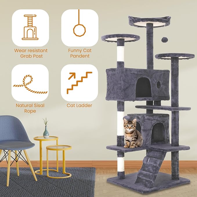 54.7 inches Cat Tower for Indoor Cats Multi-Level Cat Condos for Cat Tree Cat Climbing Tower with Scratching Posts, Hanging Toys,Ashy-PurrikoPets