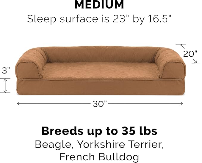Furhaven Cooling Gel Dog Bed for Medium/Small Dogs w/ Removable Bolsters & Washable Cover, For Dogs Up to 35 lbs - Quilted Sofa - Toasted Brown, Medium-PurrikoPets