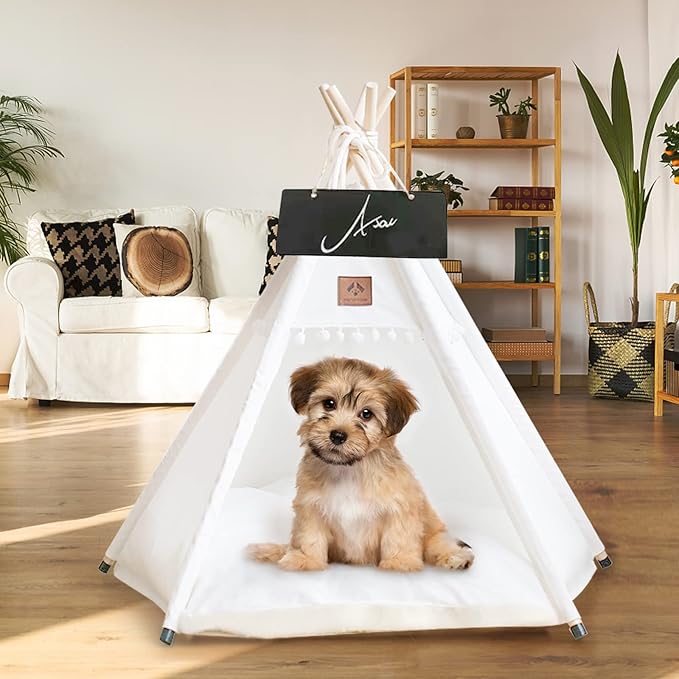 Dog Teepee Pet Tent Portable Dog Houses Puppy Teepee Cat Bed with Thick Cushion-PurrikoPets