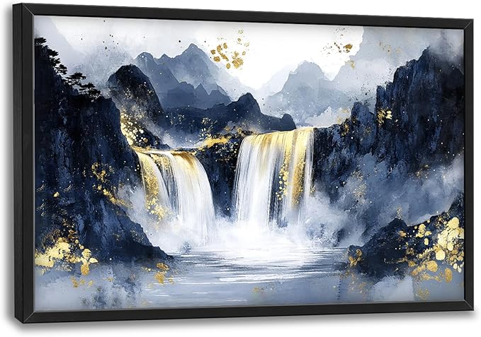 Extra Large Abstract Golden Waterfall Framed Wall Art for Living Room,Oversized Foggy Mountain Pictures Wall Decor,Canvas Print Painting Modern Artwork Bedroom Office Bathroom 36L" x 24W"-PurrikoPets