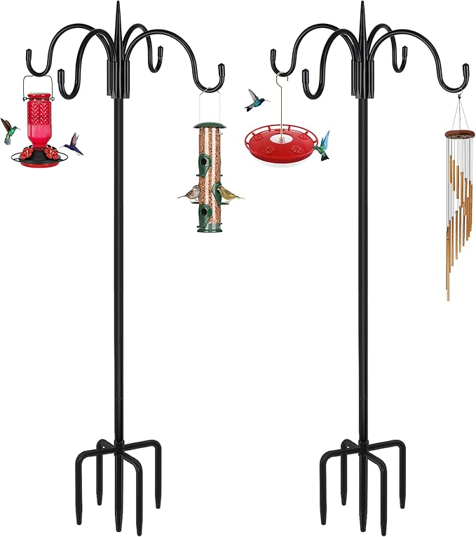 FEED GARDEN 76 Inch Four Shepherd Hooks for Outdoor,Bird Feeder Pole with 5 Prong Base, Adjustable Shepard Hooks for Hanging Plant, Solar Lanterns, Wind Chimes, 2 Pack-PurrikoPets