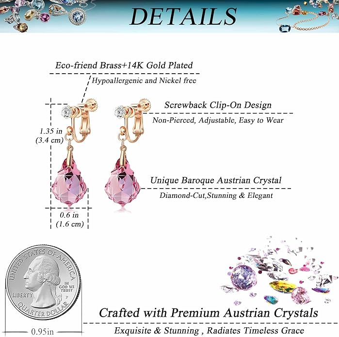 Austrian Crystal Baroque Drop Clip On Dangle Earrings for Women Non Pierced 14K Rose Gold Plated Hypoallergenic Jewelry