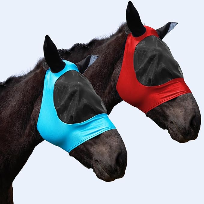 2 Piece Horse Fly Mask with Ears, Comfortable Fit Stretch Fabric Big Eye Space Soft Breathable with UV Protection for Full Horses (Red-Blue)-PurrikoPets