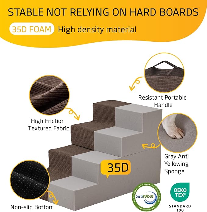 Dog Stairs for High Bed, Dog Steps for Bed Couch Sofa, 35D Foam Pet Steps for Small Dogs and Cats, Extra Wide Pet Stairs with Non-Slip Bottom Brown, 5 Steps-PurrikoPets