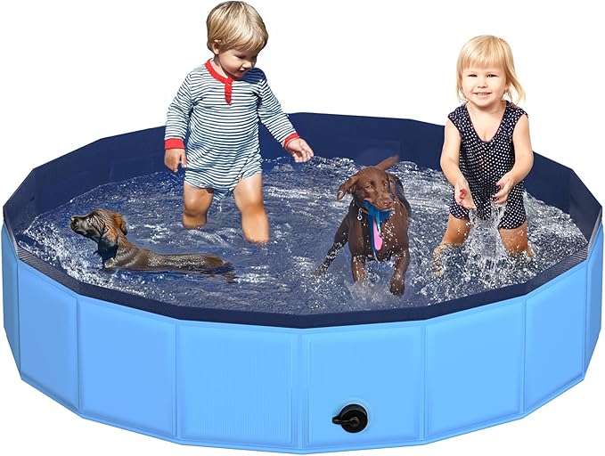 79" x 12" Foldable Dog Pool - Collapsible Hard Plastic Kiddie Pool for Dogs & Kids, Non-Slip Pet Bath Tub for Outdoor Backyard Use, Lightweight & Portable (Blue)-PurrikoPets