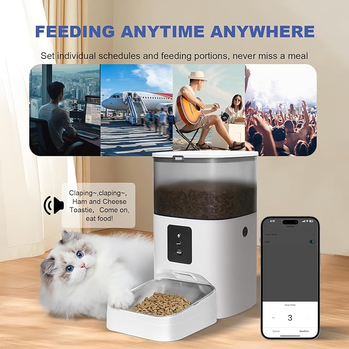2.4G WiFi Automatic Cat Feeder, 4L Food Dispenser with 10s Voice Recorder, Pet Feeder up to 10 Meals per Day, Timed Cat Feeder with Dry Food Sealed Ring (White, 4L-WiFi)-PurrikoPets