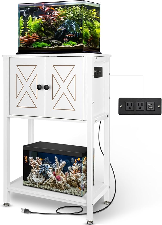 5-10 Gallon Fish Tank Stand, Heavy Duty Aquarium Stand with Cabinet & Power Outlets for Fish Tank Accessories Storage, Double Reptile Terrarium Stand 20.5" L* 11" W Tabletop, White-PurrikoPets