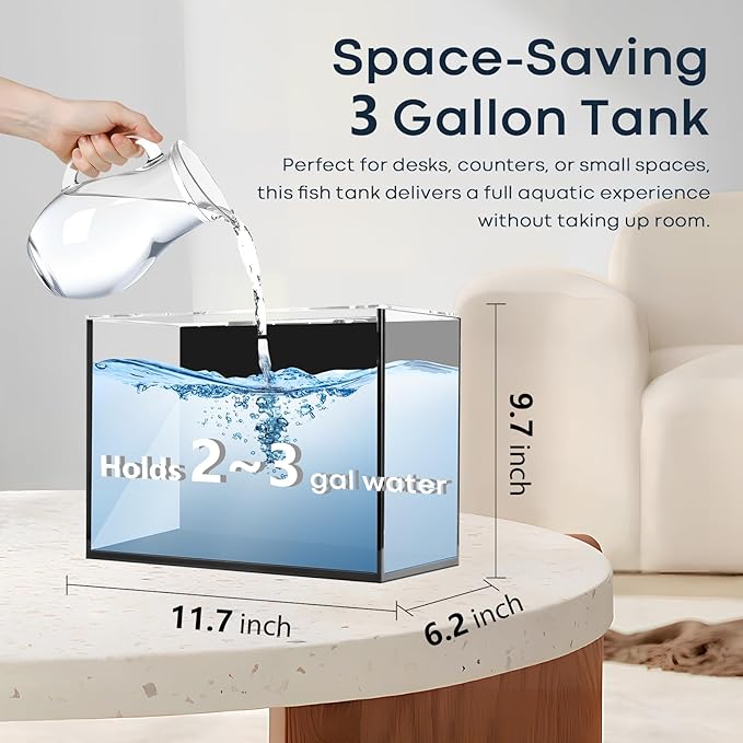 3 Gallon Glass Fish Tank Cube, Small Aquarium Fish Bowl for Betta Goldfish Snails Shrimp Aquatic Planting, Easy to Maintain Ultra Clear Rimless Design for Desktop Small Spaces-PurrikoPets