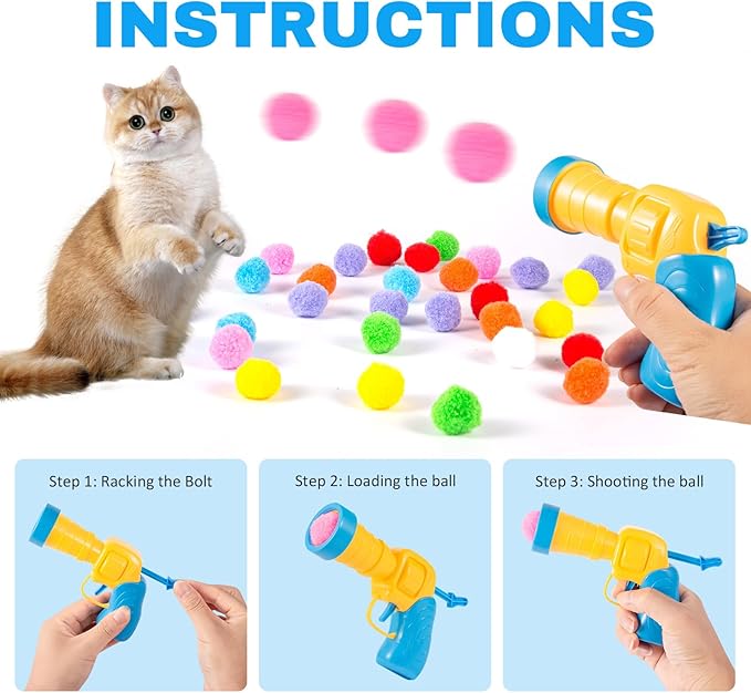 Dorhui Cat Toy Gun Launcher - 30 Pcs Sparkle Pom Pom Balls and Ball Launcher, Fetch Toy Gun Shooter, Interactive Glitter Balls for Indoor Cats and Kitty Gifts-PurrikoPets
