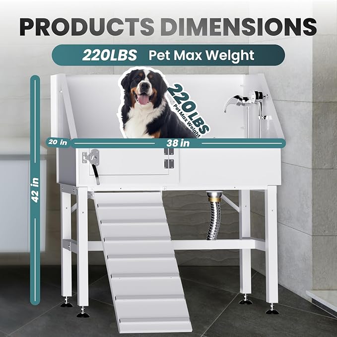 Dog Washing Station for Home, 38" White Professional Stainless Steel Dog Grooming Tub, Height Adjustable Dog Bathing Station, Upgrade Parts, Dog Bath Tubs for Small & Medium Dogs(Left Ramp)-PurrikoPets