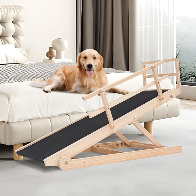 Folding Wooden Dog Ramp for Bed, Couch & Car,45IN Long- 5 Level Adjustable Pet Ramp, Non-Slip Rubber Mat, 17.7'' Extra Wide - Supports Small & Large Senior Dogs & Cats up to 200 lbs-PurrikoPets