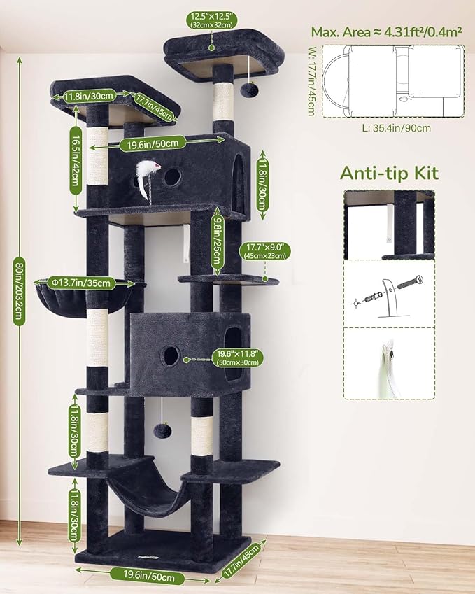 Globlazer Large Cat Tree Tower Condo, 80in Tall Cat Tree for Multiple Indoor Cats Large Adult, XXL Big Cat Climbing Tower with Cat Caves, Sisal Scratching Posts, Top Perches, Hammock, S80B, Dark Gray-PurrikoPets
