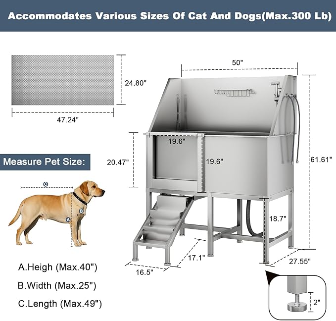 50" Dog Bathtub for Large Dogs, Professional Dog Washing Station with Wash Tub Attachment, Bath Pool for Outdoor, Indoor Shower and Grooming (50" Left Door)-PurrikoPets