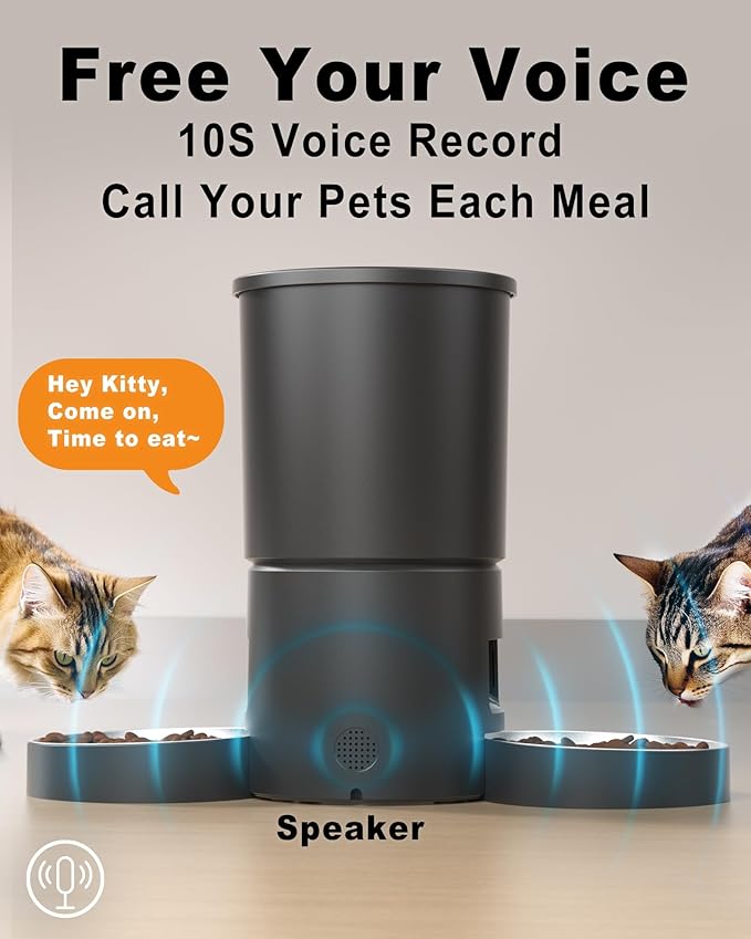 Dual Automatic Cat Feeder 2 Cats,6 Meals/Day,12 Portions/Meal,4.2L Dual Power Double Bowls Feeder,Dry Food Auto Pet Dispenser,10S Voice Record,Flexible Schedule Timer (Black,Stainless Dual Bowls)-PurrikoPets