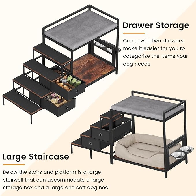 Dog Window Perch with 360° & Adjustable Raised Feeder, Pet Bunk Bed with Removable Stair and 2 Drawers, Elevated Platform Bed, Pet Elevated Seat with Cushion, Paw-Friendly Ladder-PurrikoPets