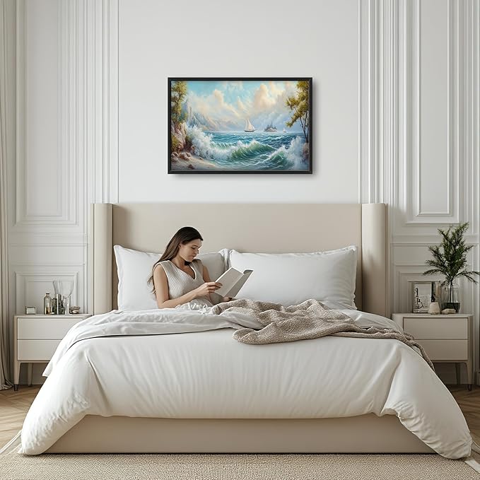 Framed Large Sailboat Wall Art for Living Room, Oversized Sea Coastal Wall Decor Beach Nautical Canvas Painting Seascape Pictures Home Decoration for Living Room Bedroom Office 36"x24"-PurrikoPets