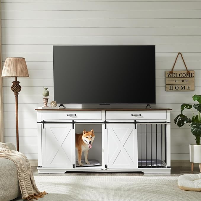 EDYO LIVING 72.5" Large Dog Crate Furniture for 2 Dogs, Wooden Dog Kennel with Drawers, Divider, Sliding Barn Door, Water Resistant Indoor Furniture Style Double Dog Crates, White-PurrikoPets