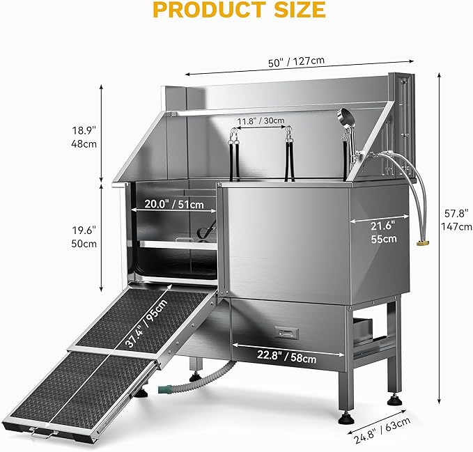 DWVO Professional Dog Bathing Station Stainless Steel 304 Pet Bathtub, 50in Dog Grooming Tub w/Right Door Ramp, 2 Storage Drawers, Grate, Pet Washing Station for Large, Medium, Small Pets-PurrikoPets