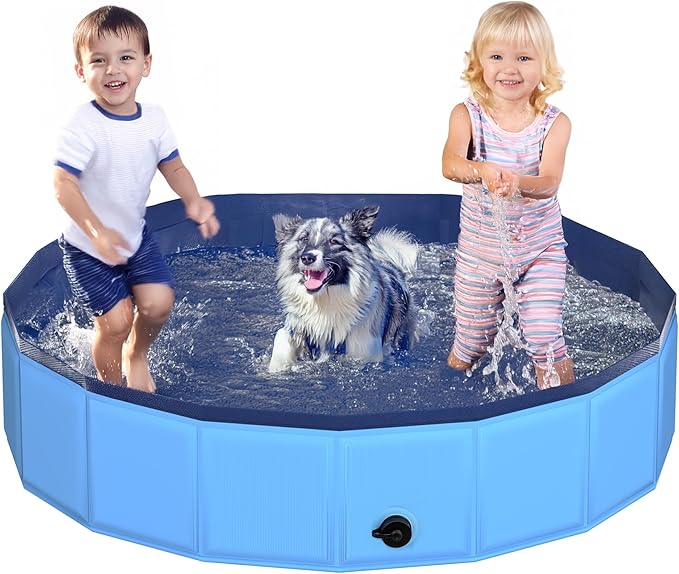 55.1" x 12" Foldable Dog Pool - Collapsible Hard Plastic Kiddie Pool for Dogs & Kids, Non-Slip Pet Bath Tub for Outdoor Backyard Use, Lightweight & Portable (Blue)-PurrikoPets