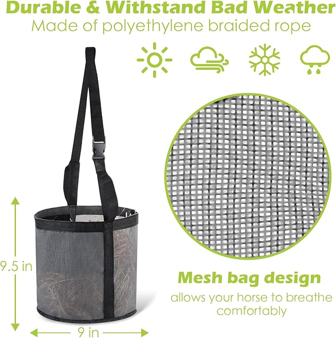 2 Pcs Horses Feed Horse Bag for Grain Hay Bags Heavy Duty Mesh Horse Feeder with Adjustable Strap Comfort Neck Pad Nose Pad and Waterproof Bottom Muzzle(Gray)-PurrikoPets