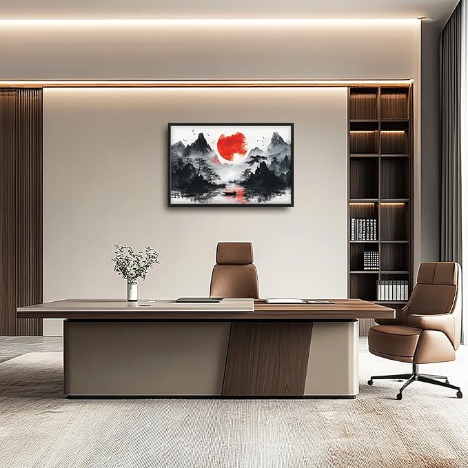 Framed Large Japanese Mountain Wall Art for Living Room, Oversized Asian Red Sun Lake Landscape Wall Decor Nature Canvas Painting Home Decoration for Living Room Bedroom Office 36"x24"-PurrikoPets