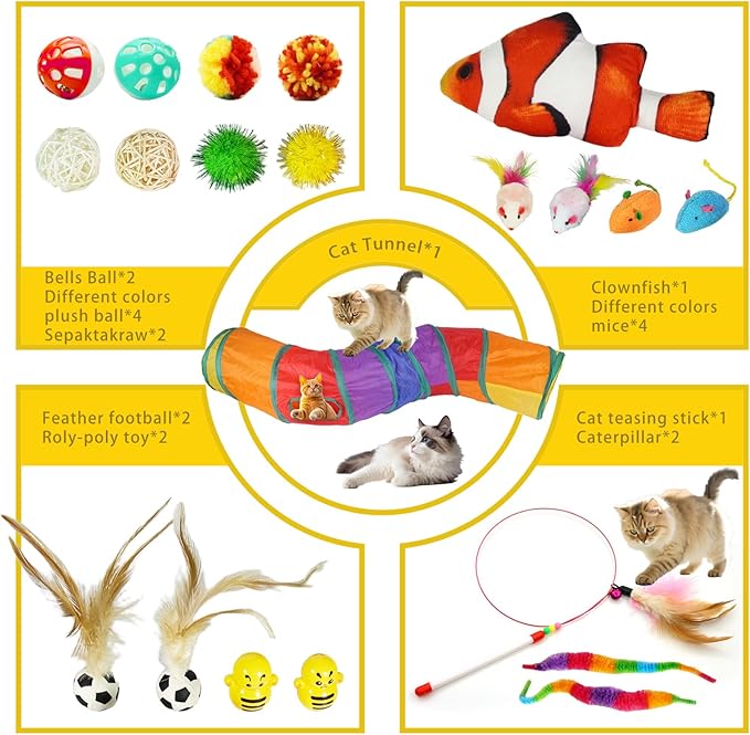21-Piece Cat Toys Set, Interactive Tunnel, Balls, Mice, Feather Wands, Catnip Toys(Rainbow Cat Tunnel)-PurrikoPets