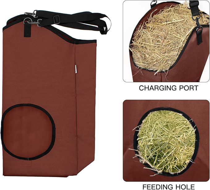 3 Packs Goat Hay Feeder,Hay Bags for Goats,Horses,Sheep,Premium 600D Oxford Cloth,with Metal Fastener and Adjustable Open Feed Hole for Slow Feeding. (2Brown + 1Black)-PurrikoPets
