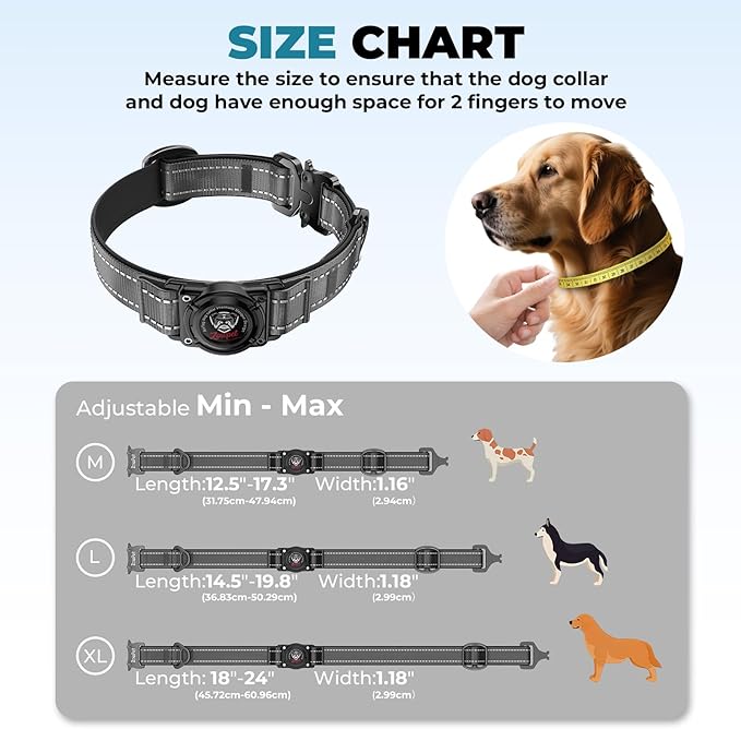 2025 Upgrade Airtag Dog Collar, Reflective Dog Collar with Airtag Holder, IP68 Waterproof| Metal Buckle| Ultra-Durable| Comfortable Padded, GPS Dog Collars for Medium Large Dogs (Black,L)-PurrikoPets