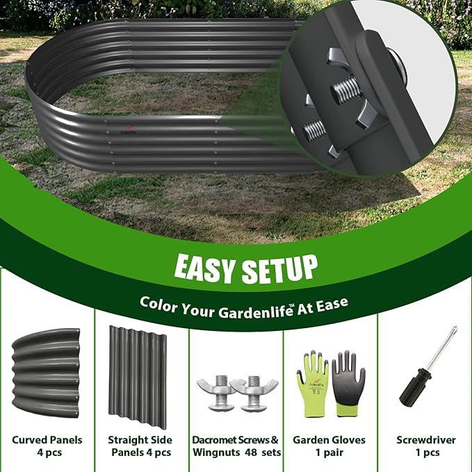 A ANLEOLIFE 6X2X1.5 ft Galvanized Raised Garden Beds Outdoor, Oval Round Metal Planter Box for Planting Vegetables Flowers Herb, Anti-Rust & Easy-Setup, Quartz Grey-PurrikoPets