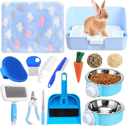15 Pcs Rabbit Starter Kit Small Rabbit Litter Box Animal Grooming Kit Bunny Toys Bowl Blankets with Cleaning Set for Guinea Pig Accessories(Candy Blue)-PurrikoPets