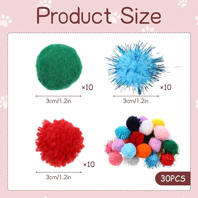 30 Pcs Cat Pom Pom Balls Assorted Color Sparkle Ball for Indoor Cats, Interactive Cats Toys Fuzzy Cat Balls Tinsel Glitter Chase Poms Poms Ball for Exercise and Entertainment-PurrikoPets