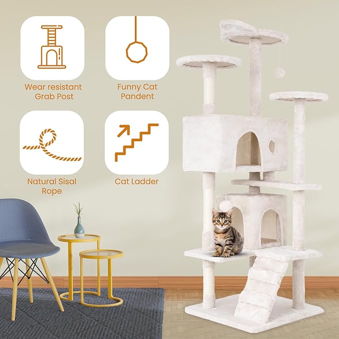 54.7 inches Cat Tower for Indoor Cats, Multi-Level Cat Condos with Scratching Posts, Hanging Toys, Beige-PurrikoPets