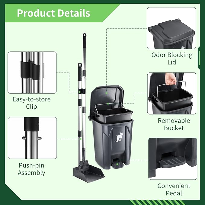 Dog Pooper Scooper, Dog Poop Trash Can Set with Removable Inner Bucket, Long Handle Rake, 150 Waste Bags, Easy Pick Up Poop Scooper, 20L Dog Poop Trash Bin for Small/Large Dog Families-PurrikoPets