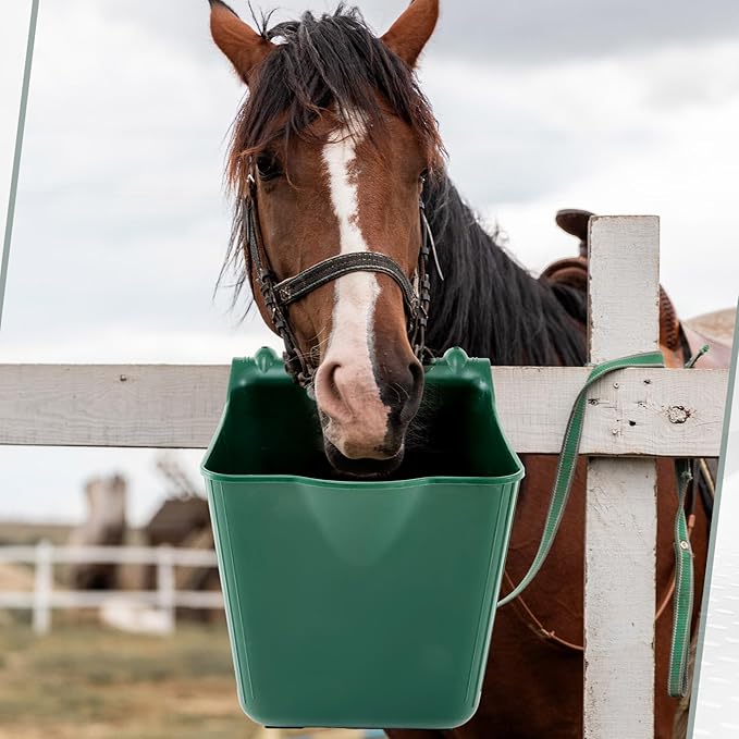 4 Pack 15 Quart Horse Feeders for Stall Hook Over Hanging Fence Hay Feeder Mountable Livestock Plastic Feed Bucket for Farm Stalls Pasture, Stable to Feed Horses Sheep Cattle Cows Etc(Green)-PurrikoPets