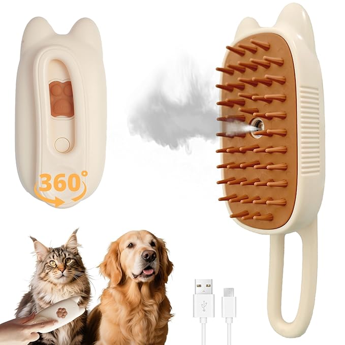 4 in 1 Cat Steam Brush Rechargeable Anti-Static Pet Spray Hair Removal Comb for Shedding and Grooming Multi-functional Pet Massage Brushes for Cats Dogs Small Animals-PurrikoPets