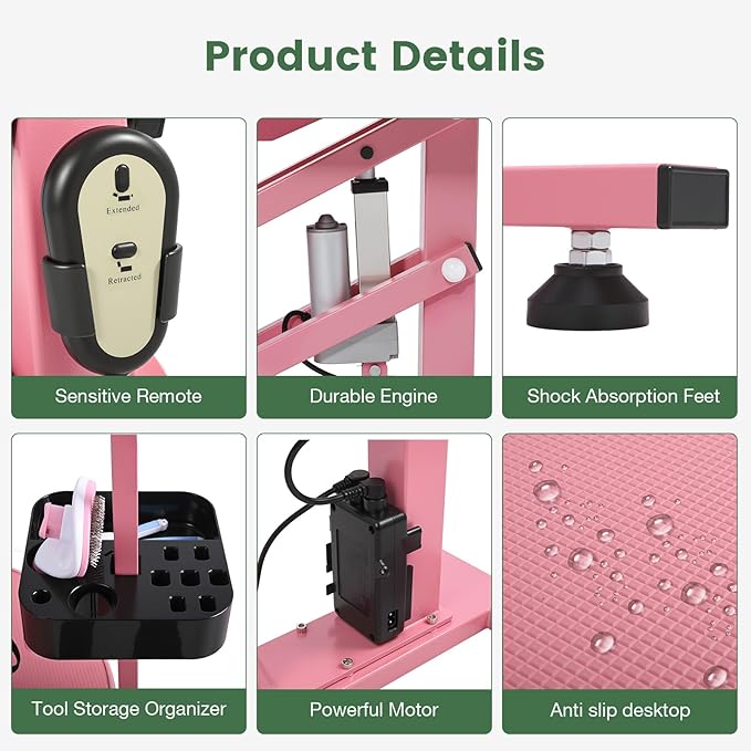 Electric Hydraulic Lift Pet Dog Grooming Table, 24Inch Grooming Desktop for Small Dogs, with Overhead Arm, Wireless Remote, Tool Organizer, Pink-PurrikoPets