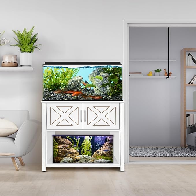 40 Gallon Tank Stand with Cabinet and Power Outlets, Heavy Duty Metal Aquarium Stand for 40-50 Gallon Breeder Tank, Turtle Tank, Double Terrarium Stand, 660LBS Capacity, White-PurrikoPets