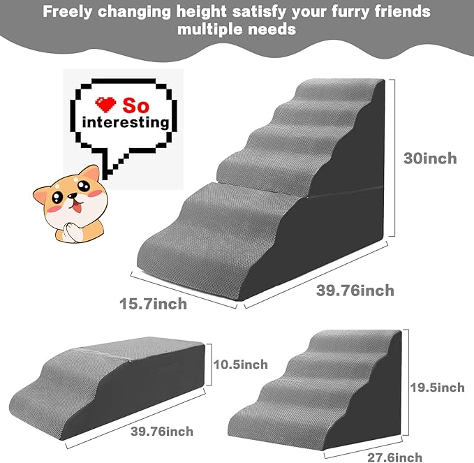 Dog Stairs for High Beds 30-36 inches Tall, 6-Step Dog Steps for Bed 32-36 inches for Small Large Dogs, Dog Ramp for Bed, 30D Foam Pet Stairs/Steps for High Beds for Old Dogs/Cats, Grey-PurrikoPets