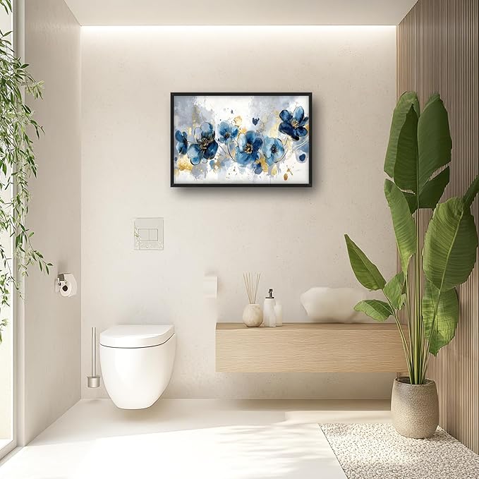 Extra Large Framed Abstract Blue Flower Wall Art,Oversized Golden Grey Floral Wall Decor Pictures for Living Room,Canvas Print Painting Modern Artwork Bedroom Office Bathroom Home Decor 36L" x 24W"-PurrikoPets