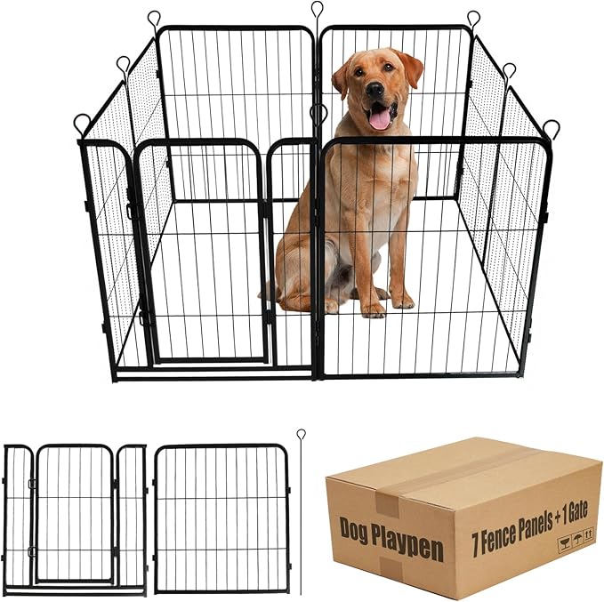 Dog Playpen,24 32 40 48 in(H) Pet Fence Outdoor for Rv Camping,Garden Fence Small Animal Barrie for Yard,11Ft(L)-56Ft(L) Black Metal Temporary Fencing-PurrikoPets