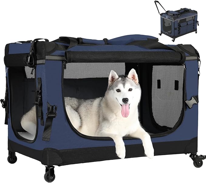 30IN Soft Collapsible Dog Crate w Detachable Wheels, Rolling Travel Dog Crate for Medium Breed Dogs, Portable Dog Kennel with Mesh Windows, Indoor & Outdoor Uses-PurrikoPets