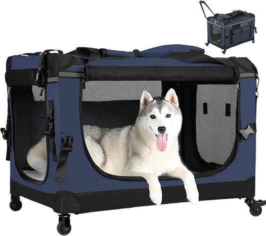 30IN Soft Collapsible Dog Crate w Detachable Wheels, Rolling Travel Dog Crate for Medium Breed Dogs, Portable Dog Kennel with Mesh Windows, Indoor & Outdoor Uses-PurrikoPets