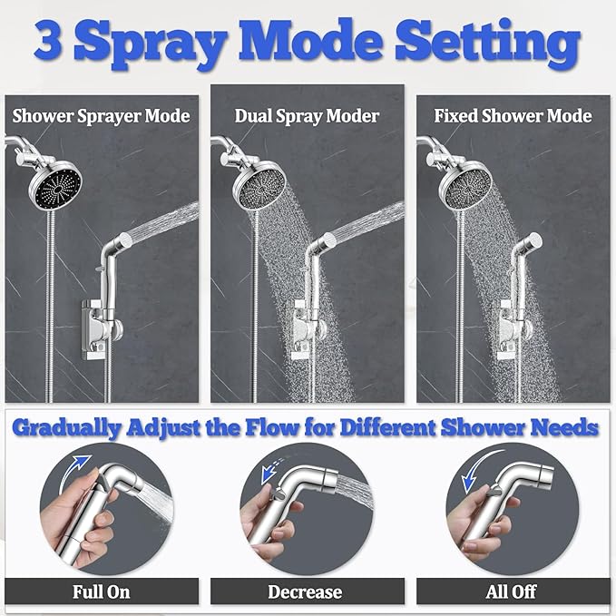 Dog Shower Attachment Metal, YDmeet Pet Washing Hose Attachment for Fast & Clean Bathing, Brass 3 Way Diverter, Adjustable Sprayer wtih Turn Off, 8 ft Hose and Holder, Chrome-PurrikoPets