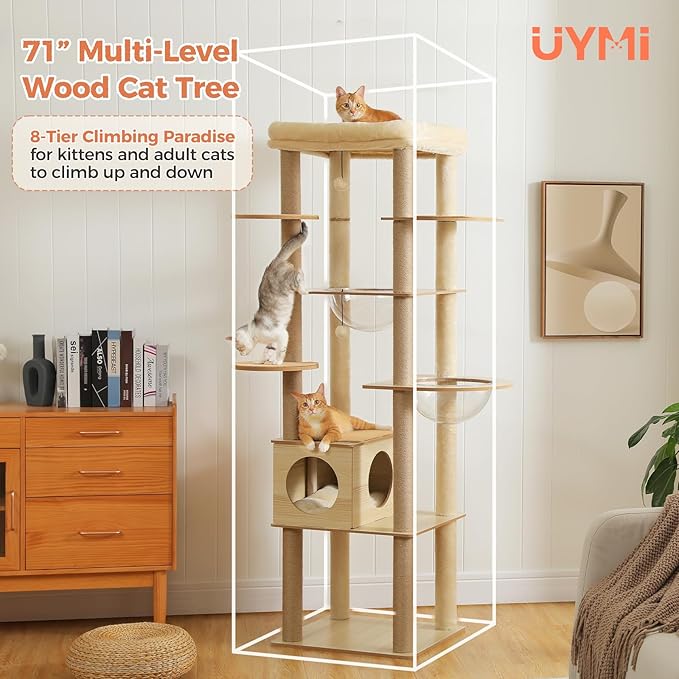 71" Tall Wood Cat Tree for Large Cats, Modern Cat Tower with 2 Acrylic Bowls, Large Top Perch, Spacious Cat Cave (Soft Cushion Included), 10 Sisal Scratching Posts and Non-Slip Jump Platforms-PurrikoPets