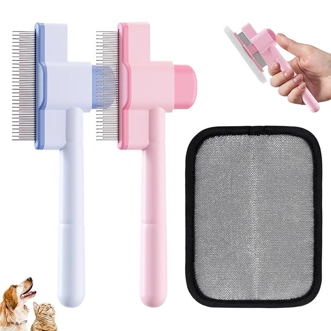 2PCS Flea Comb for Cats and Dogs with Pet Hair Remover Glove, Self Cleaning Pet Flea Cat Grooming Brush with Release Button for Massaging and Cleaning Shedding Pets Hairs-PurrikoPets