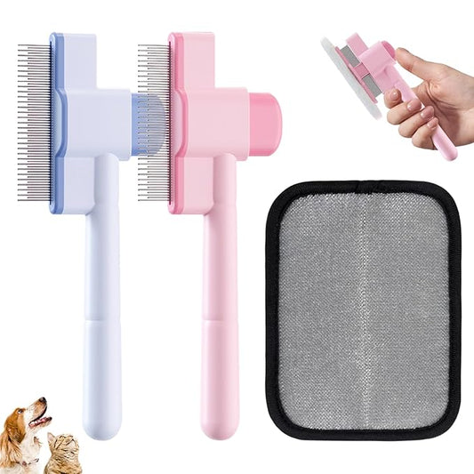 2PCS Flea Comb for Cats and Dogs with Pet Hair Remover Glove, Self Cleaning Pet Flea Cat Grooming Brush with Release Button for Massaging and Cleaning Shedding Pets Hairs-PurrikoPets