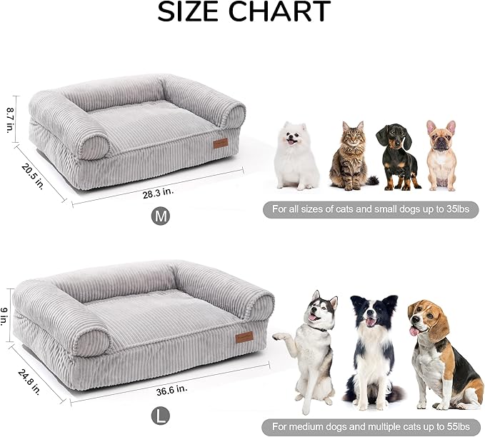FUKUMARU Dog Couch Bed, Corduroy Cozy Cat Bed for Indoor Cats with Washable Cover, Supportive Waterproof Dog Beds Sofa for Small Dogs and Large Cats Cute, 28inch, Medium, Light Grey-PurrikoPets