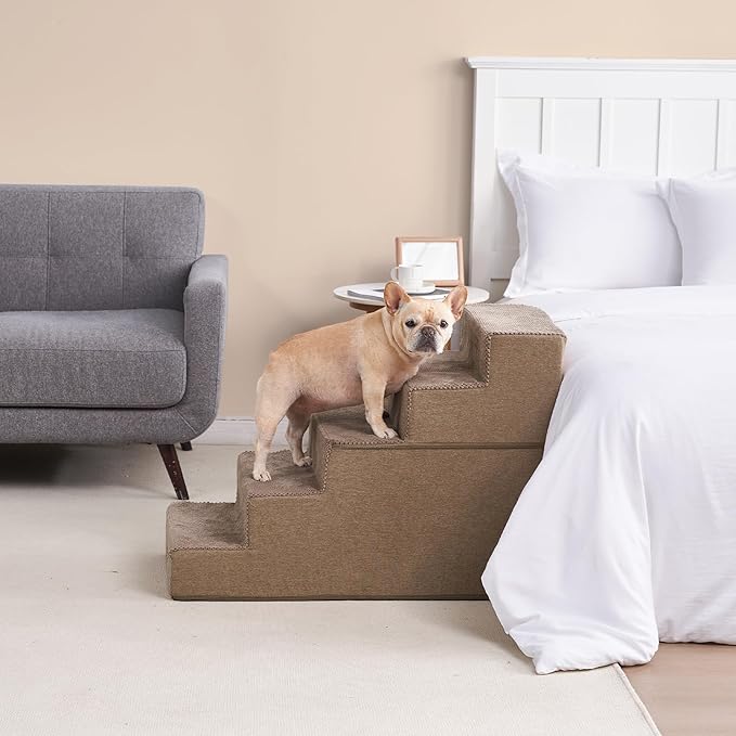 EHEYCIGA Dog Stairs for High Bed 25" H, 5-Step Extra Wide Dog Steps for Bed, Pet Steps for Small Dogs and Cats, Non-Slip Balanced Pet Ramp Indoor, Camel-PurrikoPets