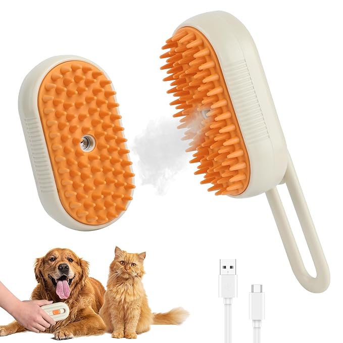 4 in 1 Cat Steam Brush for Shedding, Rechargeable Pet Steam Groomer Brush, Massage, Cleaning, Shedding & Combing Multifunctional Hair Removal Comb for Cats Dogs (Cream color)-PurrikoPets