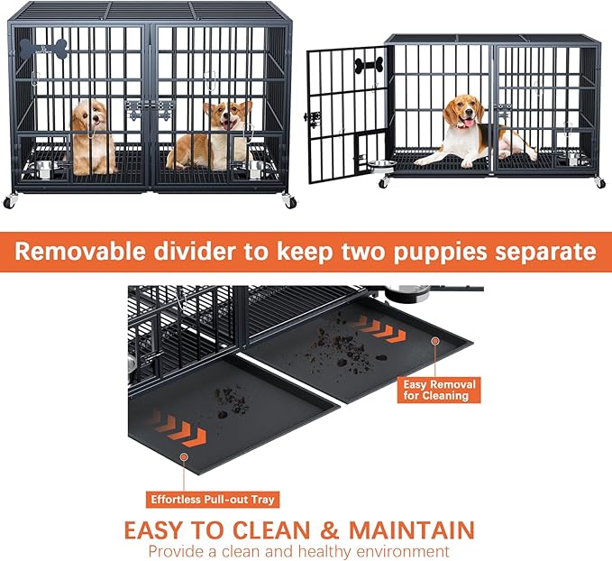 aboxoo 42/48 inch Heavy Duty Metal Dog Crate for 2 Dogs/Large Dog,All Metal Open Top Stackable,Dog Kennel Indoor with Wheels,Floor Grid, Tray, Divider and Feeding Bowl-PurrikoPets